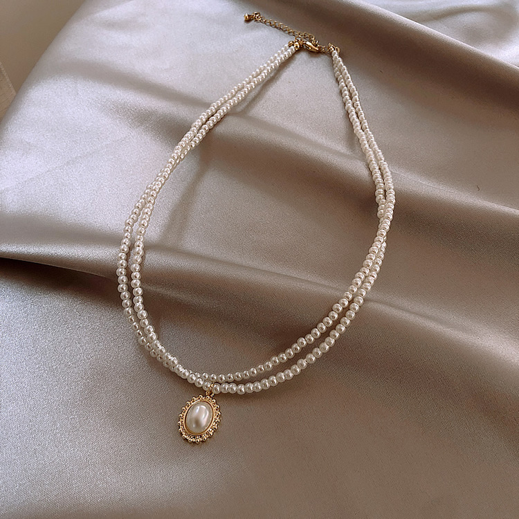 Picture of New Double-layer Pearl Water Drop Necklace Choker Clavicle Chain Women's Simple Elegant Instagram Popular Neck Cyber Celebrity Neck Chain