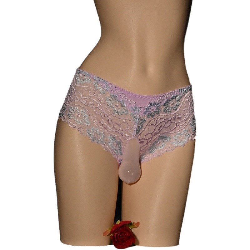 Japanese style Egg Bag underwear men's lace flower Vine temptation charming triangle plus size breathable JJ cover oily shiny silky