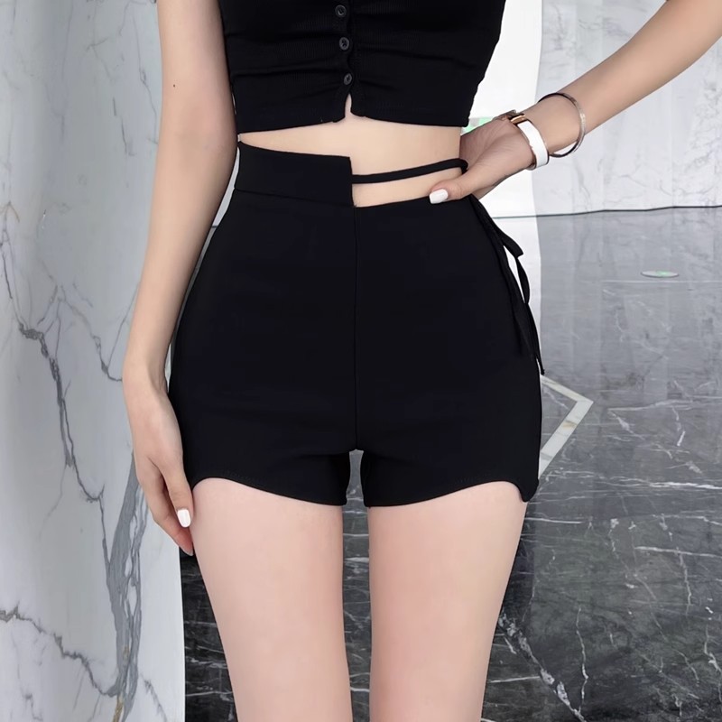 Hong Kong Flavor Hot Pants Slimming Design Black Casual Pants Women's Sense Strap Summer Hot Girl Irregular High Waist Super Shorts