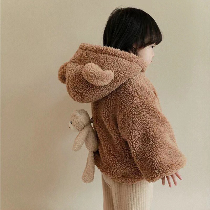 Girls' Winter New Children's Cashmere Thickened Coat Children's Western Style Warm Hooded Plush Top