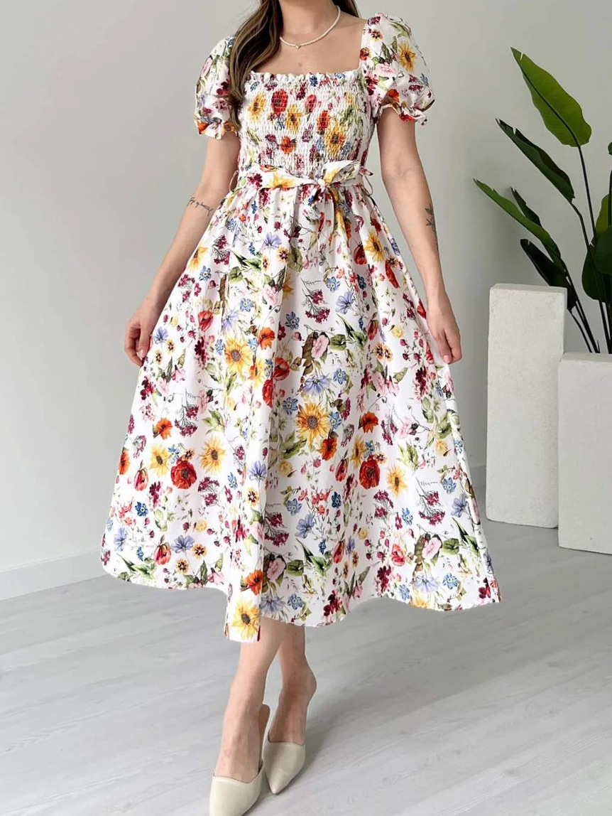 10838 Cross-border Europe and America Amazon Women's Vacation Casual Puff Sleeve Floral Waist A-Line Dress