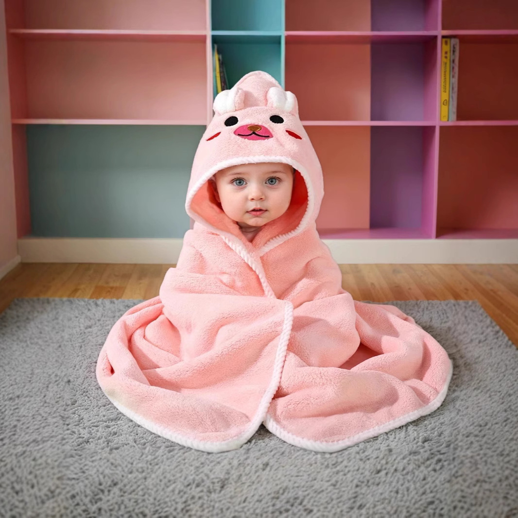 Picture of Baby Cartoon Bag Blanket Coral Fleece Absorbent Children's Bath Towel Embroidered Blanket with Hood Cloak Soft Newborn Blanket