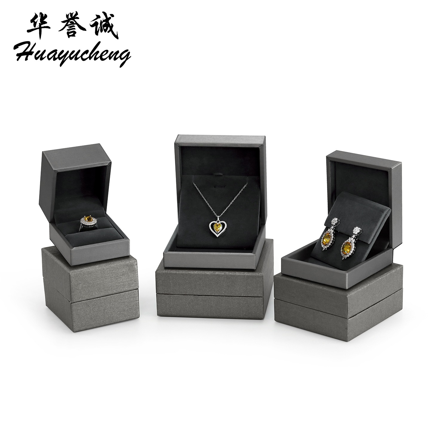A Large Number of High-End Brushed Pu Leather Right-Angle Jewelry Boxes, High-Cold Gray Rings, Earrings, Pendant Box Packaging Boxes
