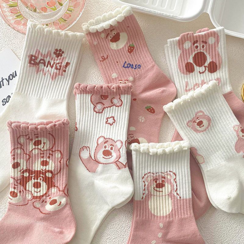 Women's Mid-calf pink cartoon socks college style girl cute lace socks sweet all-match Bear socks