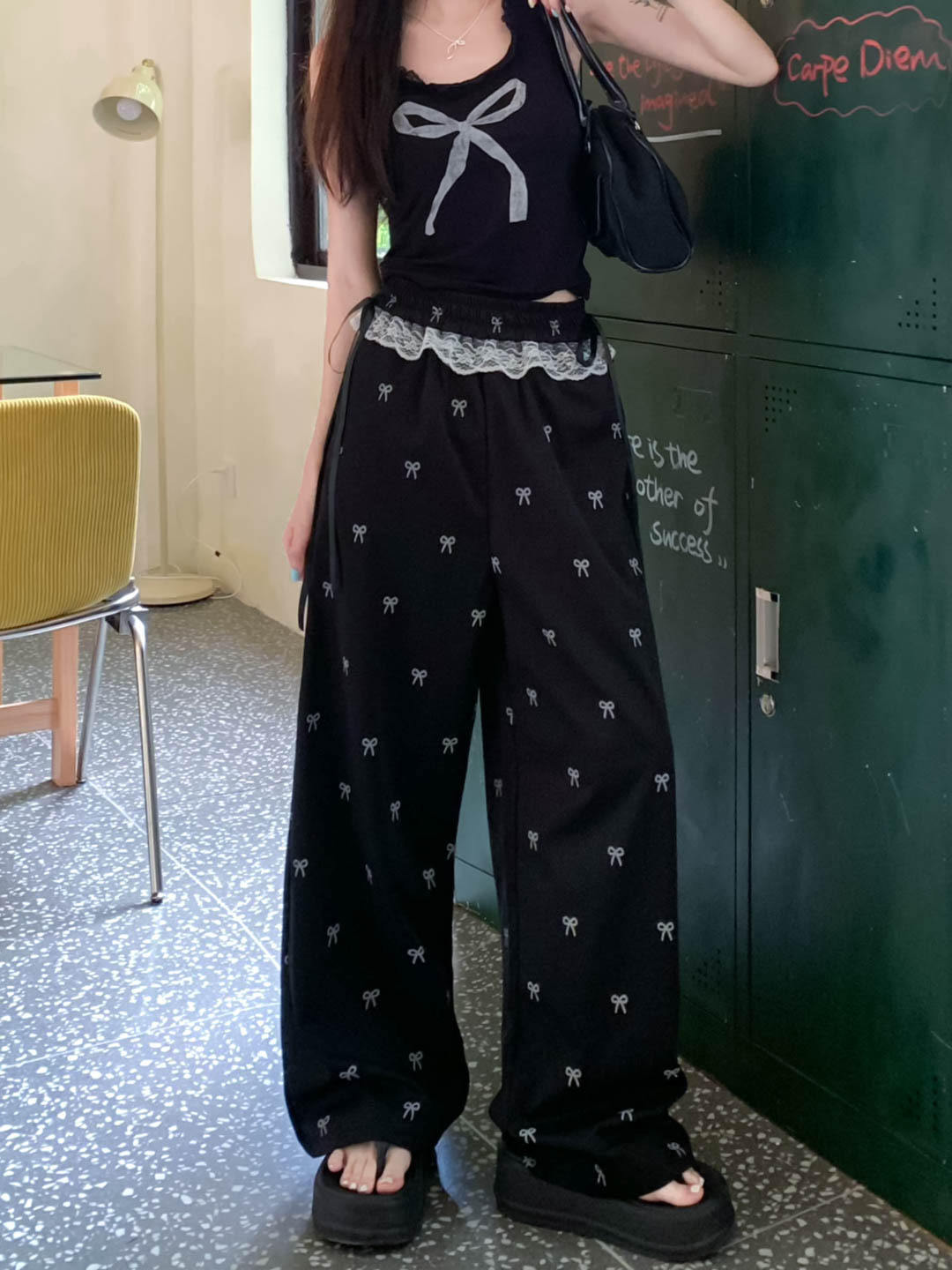 Picture of Sweet Spice Lace Stitching Casual Pants Bow Pants New Summer Loose Loose Waist Wide Pants Straight Leg Pants