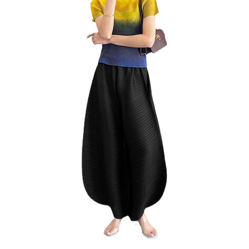 Pleated Pants Women's Casual Pants Black High-Waisted Wide-Leg Pants Miyake Loose and Slim Harem Bloomers Large Size