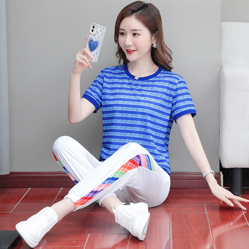 Picture of Ice Line Quick-drying Stretch Vertical Fashion Casual Sports Suit Women's Summer Thin Mesh Breathable Striped T-shirt Trendy