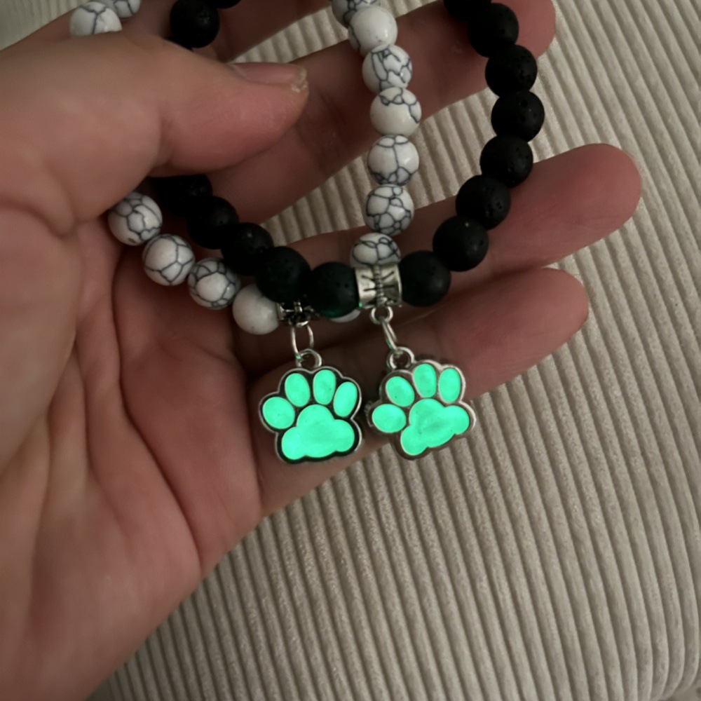 Luminous Dog Claw Pendant Volcanic Stone Black and White Beaded Couple Bracelet Jewelry Two-piece Set