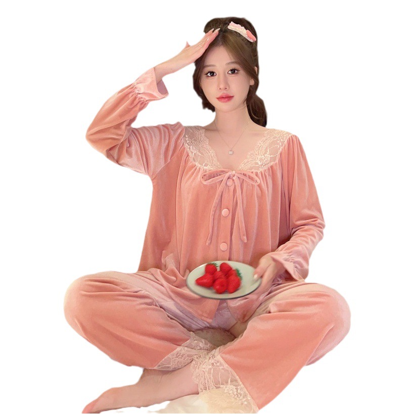 Autumn and winter new pajamas women's gold velvet stitching mesh care machine pure long sleeve suit home clothes