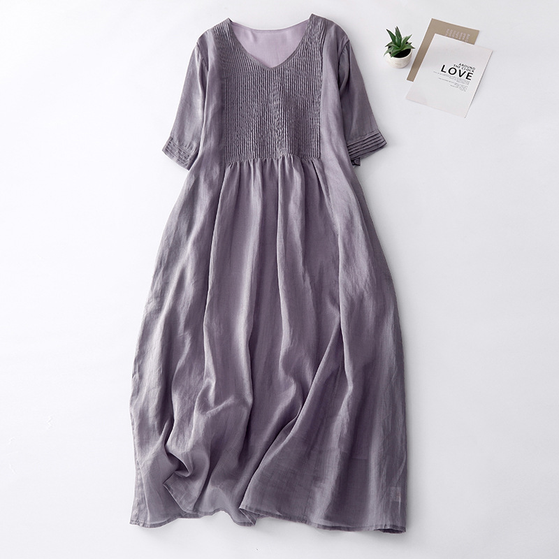 Vintage Design Sense Organ Pleated Cotton and Linen Dress Women's Artistic Solid Color V-neck Ramie Cool Slimming Long Dress for Children