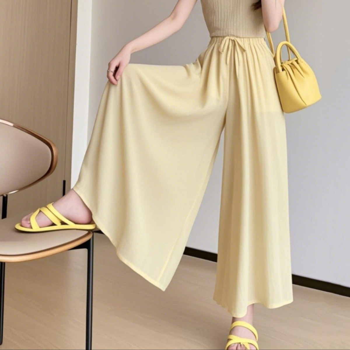 Macaron Culottes Women's Summer 2025 New Arrival High Waist A- Line Skirt High-Grade Ice Silk Wide-Leg Pants