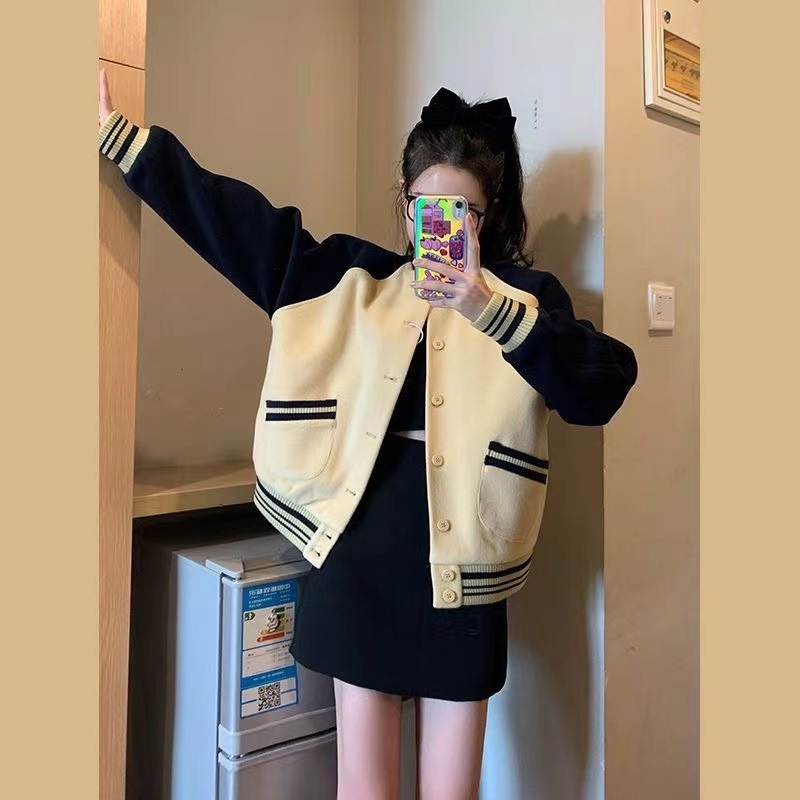 Spring and Autumn Thin vintage Baseball Suit Women's American Style Retro Small Loose Hong Kong Style Student Jacket Coat Ins