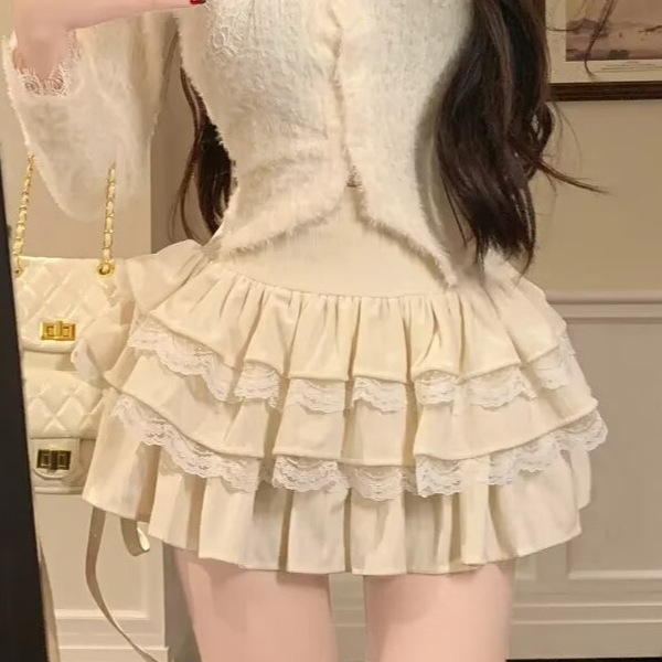 Summer 2025 New Popular High-Waisted Slimming Cake Skirt Pure Lust Lace Fluffy Skirt Women's A-Line Short Skirt
