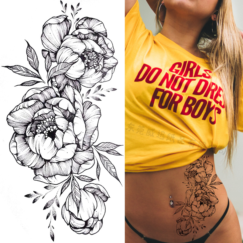 Picture of Cross-Border Supply of Sketch Flower Tattoo Stickers, Sketch Tattoo Stickers, Rose Flower Black and White Flower Tattoo