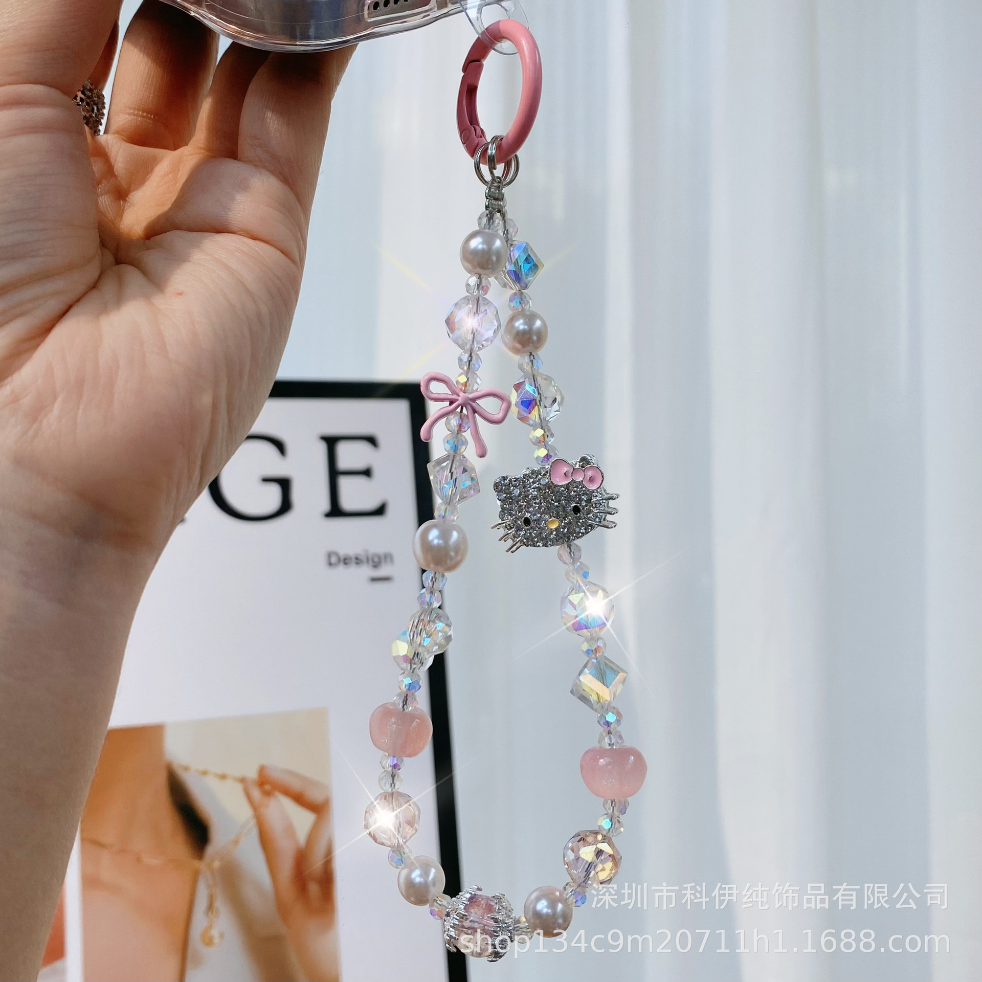 Picture of Sweet Diamond-encrusted Cat Bow Mobile Phone Chain Ins Style Crystal Pearl Beaded Bag Keychain Mobile Phone Lanyard