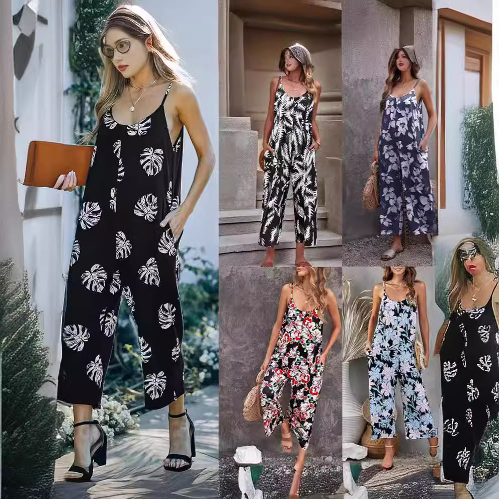 2024 European and American Amazon summer new foreign trade Women's sling strap printed jumpsuit jumpsuit women
