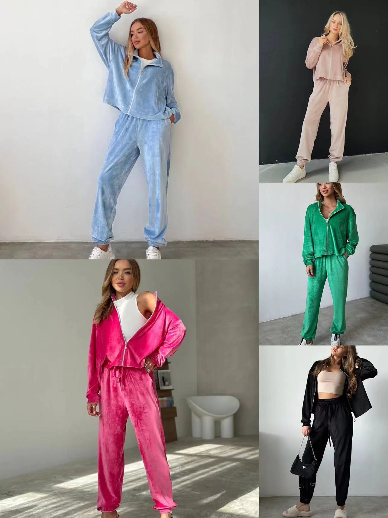 2023 autumn and winter independent station cross-border new long-sleeved zipper pocket jacket skinny pants velvet trousers casual suit