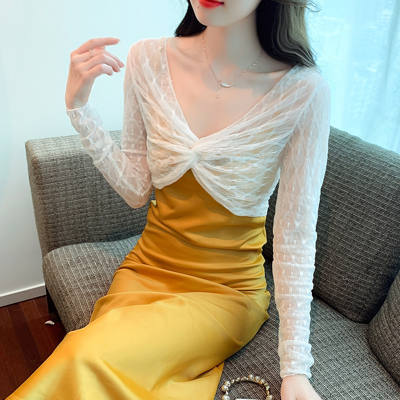 Picture of Short sun protection blouse for women Spring with suspender skirt outer wear thin shawl long sleeve see-through lace mesh top
