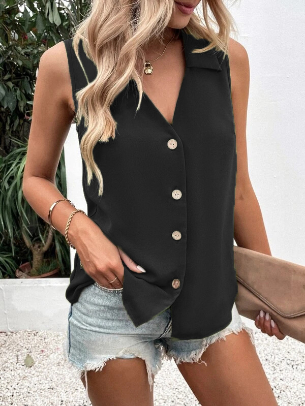 Picture of 2025 European and American Cross-Border Summer New Women's Clothing Pure Color V Neck Loose Chiffon Shirt Sleeveless Twist Button Vest Shirt for Women
