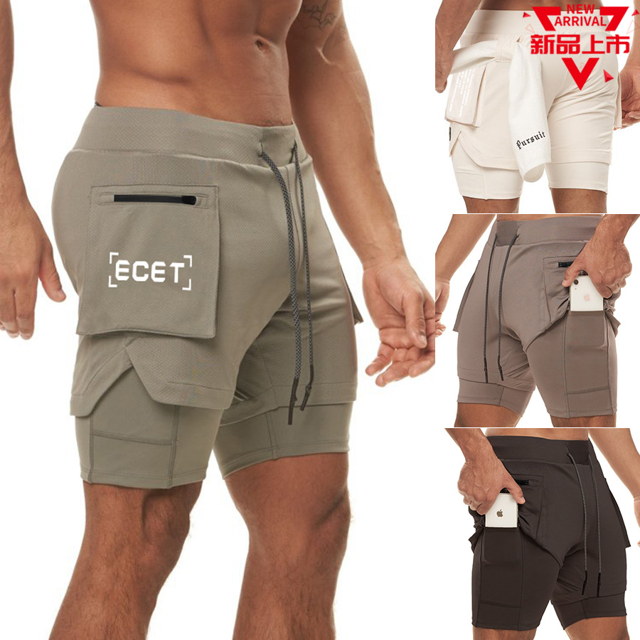 2022 Summer Trendy New Shorts Men's Muscle Fitness Brothers Sports Running Training Double Layer Breathable Shorts