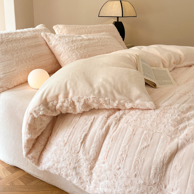 Thickened rabbit plush milk velvet autumn and winter warm bed four-piece double-sided fleece-lined quilt cover coral fleece bedding sheets