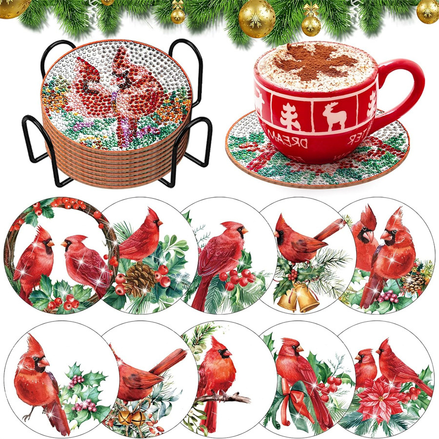 Independent Station Hot Selling 5D Handmade DIY Wooden Dot Diamond Insulation Non-Slip Diamond Painting Red Master Teaching Coaster with Stand