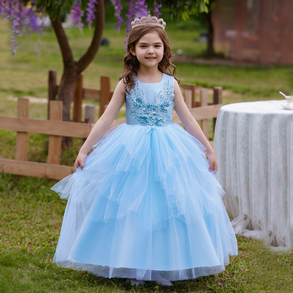 Cross-border Girls' Princess Dress Embroidered Mesh Puffy dress Hosting catwalk Piano Children's Children's Children's Performance Dress