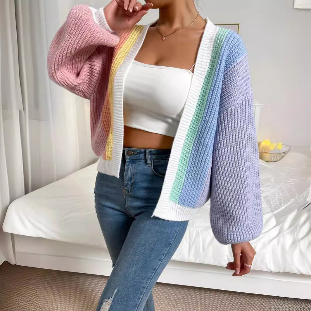 Dopamine Stitching Contrast Color Design Sense Elegant Fashion Knitted Cardigan Women's European and American Lazy Long Sleeve Top Sweater