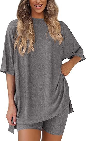 Picture of Cross-border foreign trade Amazon 2025 new women's casual round neck split loose shorts short sleeve home clothes suit