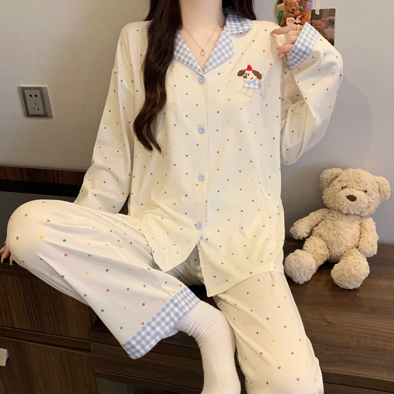 Picture of New Ins Pajamas for Women Simple Stripesd Internet Celebrity Long-Sleeved Cardigan Girl Korean Version Thin Home Wear Set Wholesale