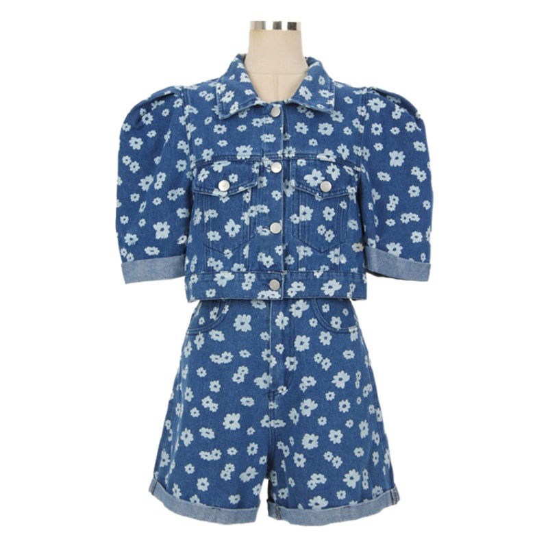 Cross-Border Suit 2024 Summer New Style Socialite Puff Sleeve Jacket + High Waist Printed Denim Shorts Two-Piece Set for Women