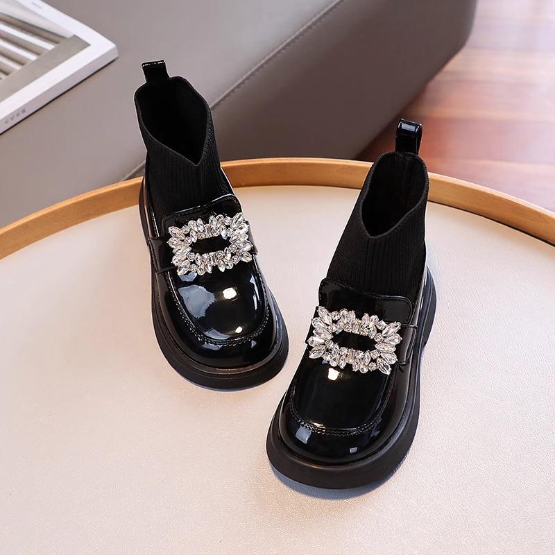 Girls' Sock Boots 2024 Spring and Autumn New Princess Martin Boots Children's Leather Shoes Girls Soft Sole Single Shoes Short Boots Black