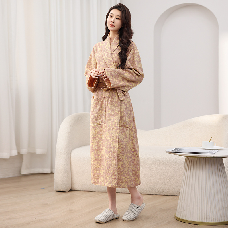 New Double-layer Yarn Jacquard Bathrobe Spring and Autumn Cotton Gauze Pajamas Couple Nightgown Water Absorbent Quick-drying Bathrobe plus size Daifa