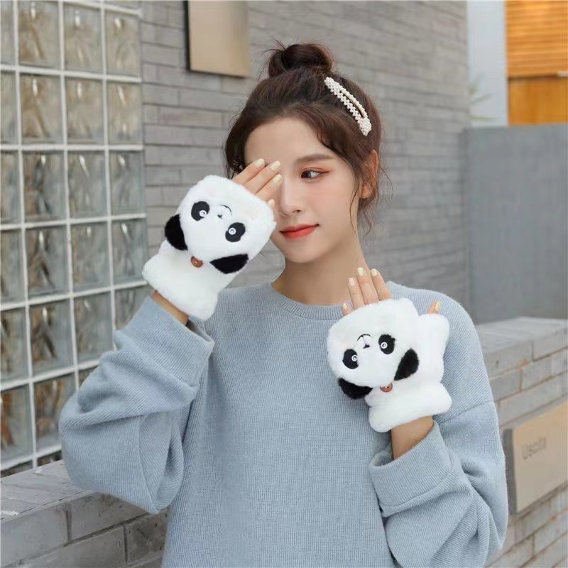 Winter Plush Gloves Warm Exhaled Finger Gloves Warm Cold-proof Thickened Half Finger Gloves Girls Cute Trendy All-match