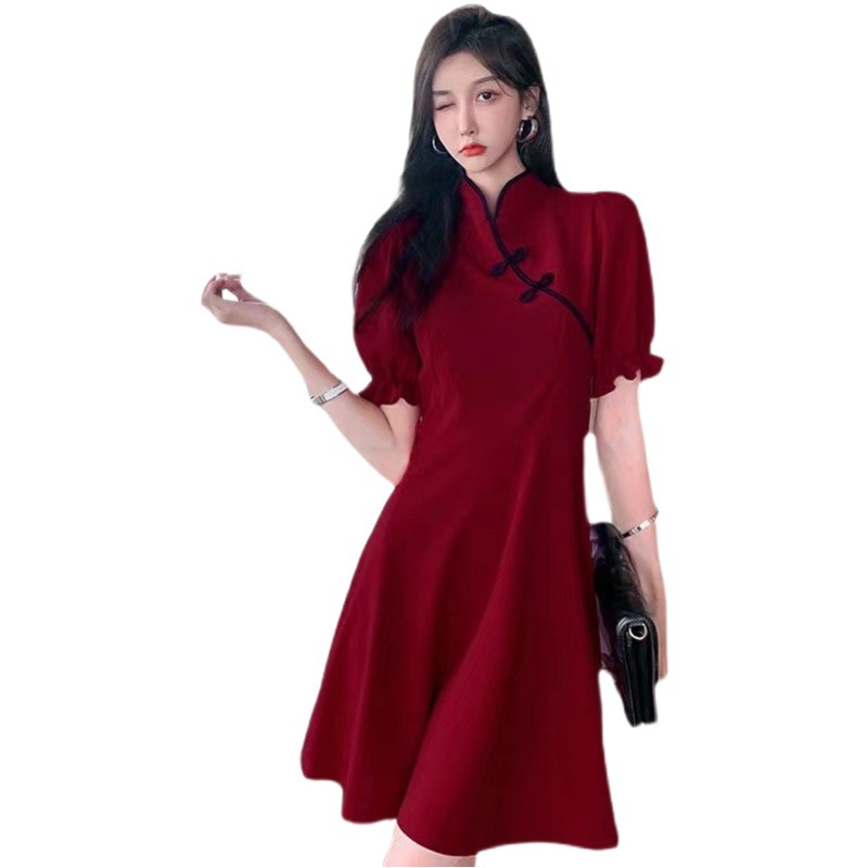 2025 New Black Dress Women's Mid-Length Waist Slimming A-Line Skirt Puff Sleeve High Waist Temperament Skirt