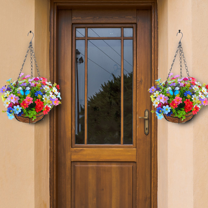 Picture of Hong Kong Love Spring Simulation Flower Hanging Basket Bow Hanging Basket Wreath Home Flower Iron Hanging Basin Decoration
