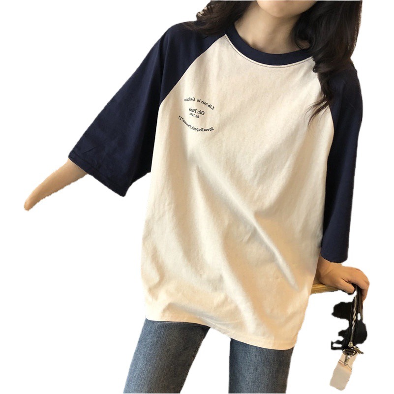 Designed Splicing Short-Sleeved T-Shirt for Women Summer Korean Women's Short High-Waisted Contrasting Loose Top Export Fashion Wear