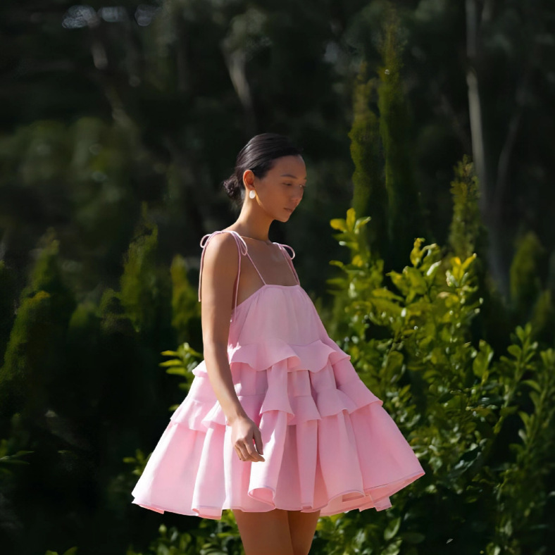 Cross-Border Suspender Dress European and American 2025 Summer Multi-Layered Ruffled Cake Skirt Short Backless Suspender Dress