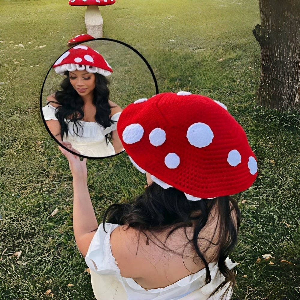 Picture of Mushroom hat autumn and winter crochet wool hat female look small face knitted fisherman hat Mori fairy tale cute warm basin hat