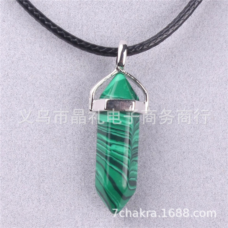 Picture of Natural Stone Hexagonal Pendant European and American Natural Crystal Hexagonal Prism Bullet Hexahedral Black Wax Rope Necklace
