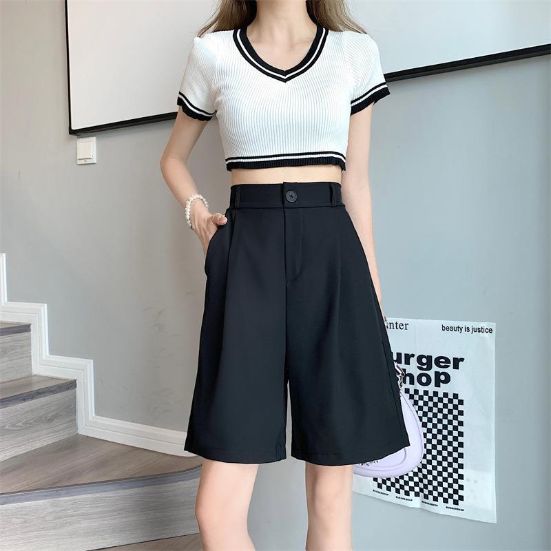 Suit Shorts Women's Summer Thin 2024 New Arrival Loose High Waist A- letter Black Casual Shorty Five-point Pants