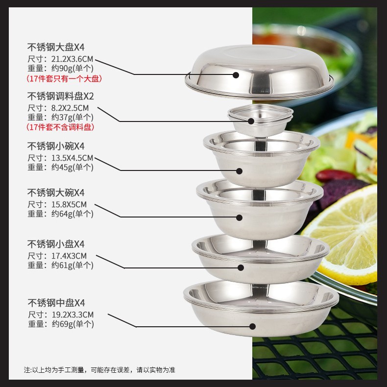 Picture of Outdoor Stainless Steel Dinner Plate 17-Piece Set Camping Barbecue Tableware Portable Self-Driving Barbecue Plate Soup Basin Dish Bowl Set