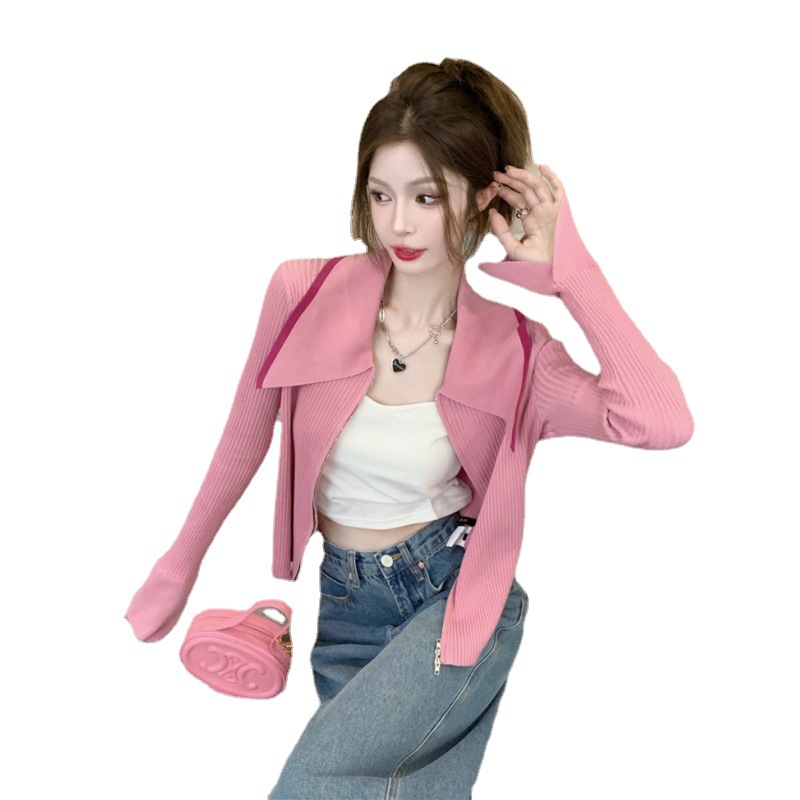 Picture of Autumn New Large Size Chubby Girl Large Lapel Double Head Zipper Design Short Loose Knitted Cardigan