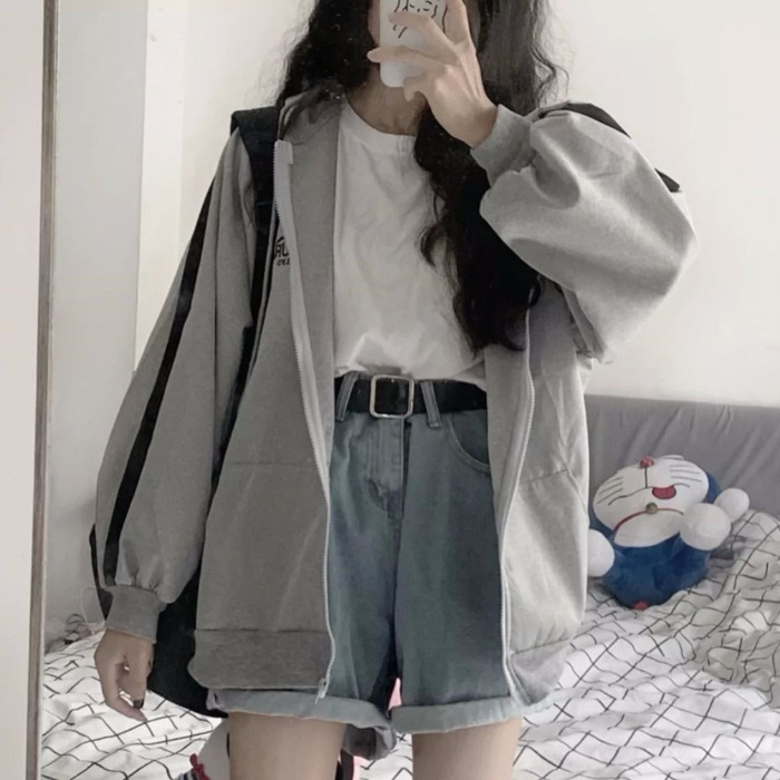 Picture of 2022 New Korean Style Autumn and Winter Women's Harajuku Style Velvet Hooded Sweatshirt Women's Color Block Embroidered Letter Zipper Jacket