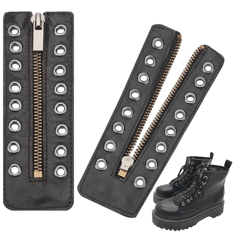In-Stock Same Style Leather Zipper Boots with Black 8-Hole Boot Zipper Insert, No Lace-Up Shoelace Zipper Accessories