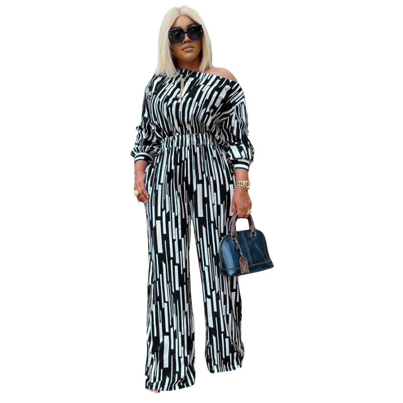Picture of Explosions wish Europe and America 200 Jin plus size Women's Stripe Printed Oblique Long Sleeve Shoulder Loose Fashion Leisure suit Women