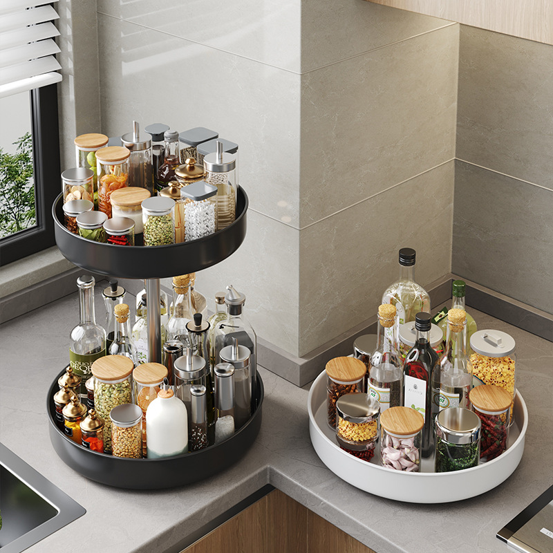 Cross-border Household Kitchen Stainless Steel Rotatable Seasoning Storage Rack Multi-function Rotating Plate Countertop Double-layer Storage Rack