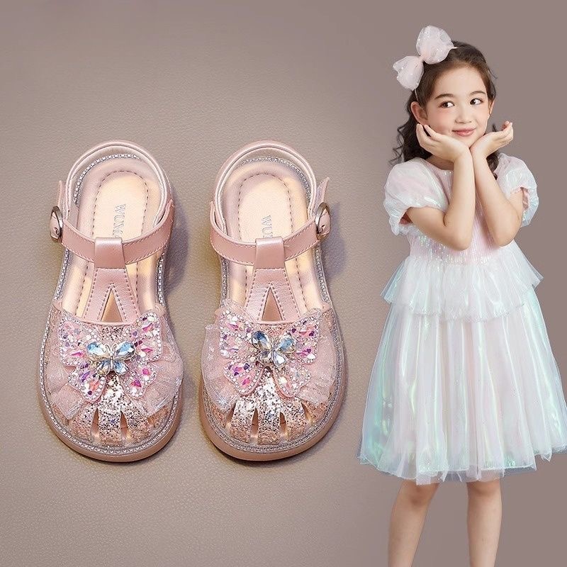 Girls' Shoes 2025 New Summer Little Girls Children's Sandals Soft Sole Crystal Butterfly Baotou Sandals Princess Shoes