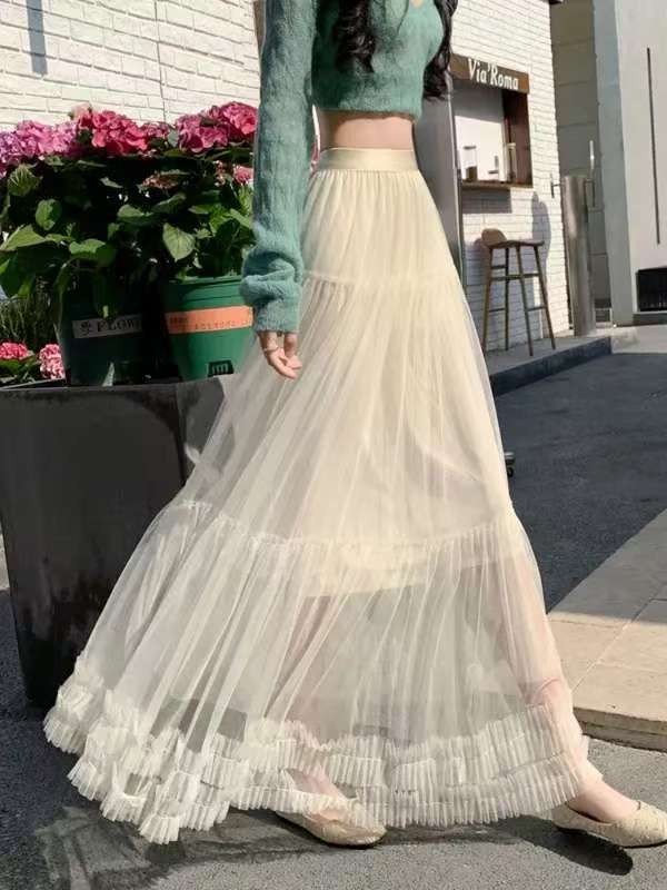 Gentle Fairy Style Cake Poured Skirt Mesh Skirt Women's Spring and Summer 2025 New Arrival Long Skirt with Wood-ear Edge