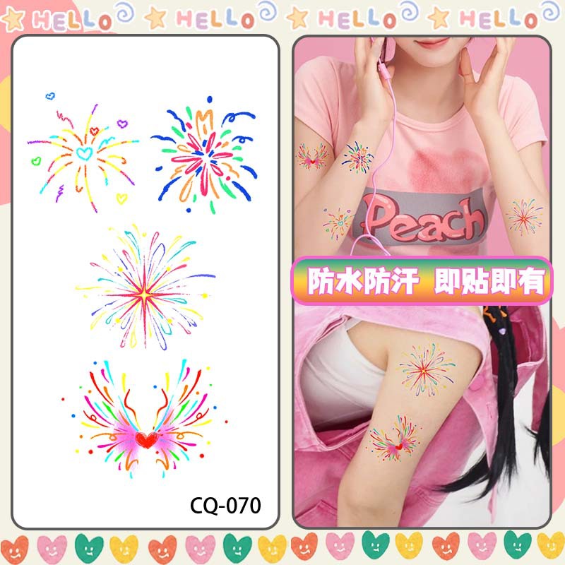 Colorful Fireworks Tattoo Sticker Girl Style Ins Arm Hand Back Waterproof Lasting Cute Painted Face Sticker Summer Creative